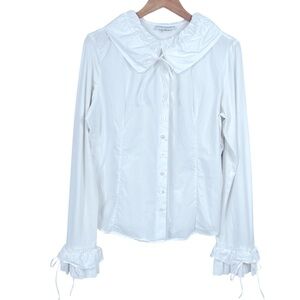 White Anne Fontaine Arielle Pima Cotton Long Sleeve Ruffle Button Down Blouse 46
